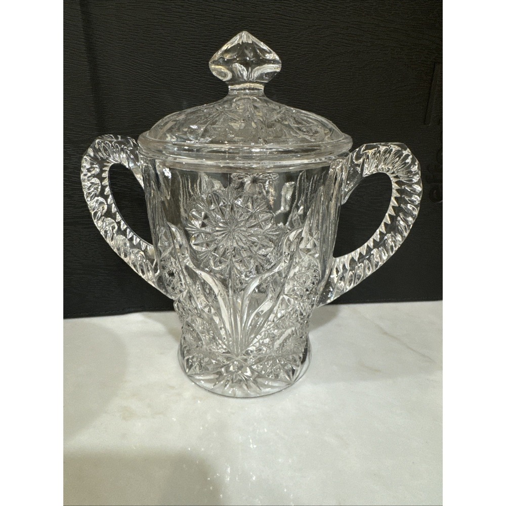 Antique EAPG 6" Sugar Bowl Hobstars Daisies Double Thumbprint Handles